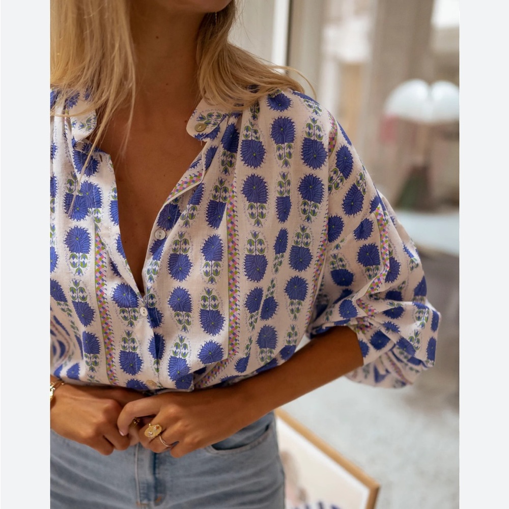 Floral Blue Women's Top 
Block Print